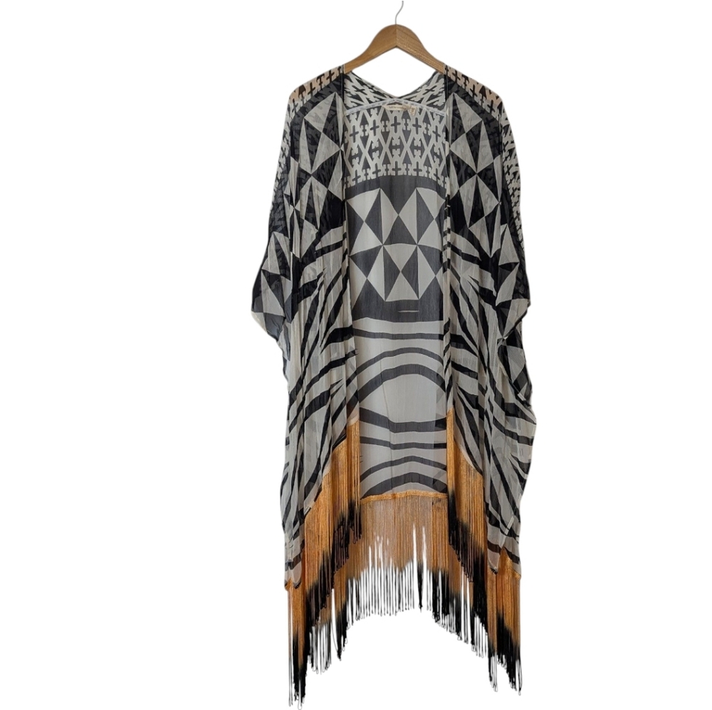 Soft Surroundings Semi Sheer Geometric Resort Swim Coverup Fringed Kimono One Sz
